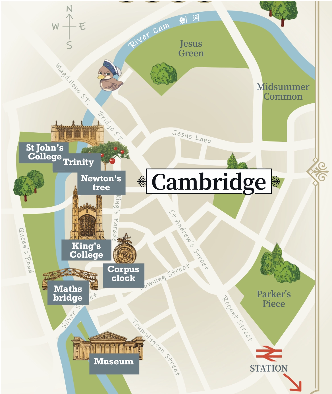 Map of Cambridge inspired by Letizia's book and Diva the Duck